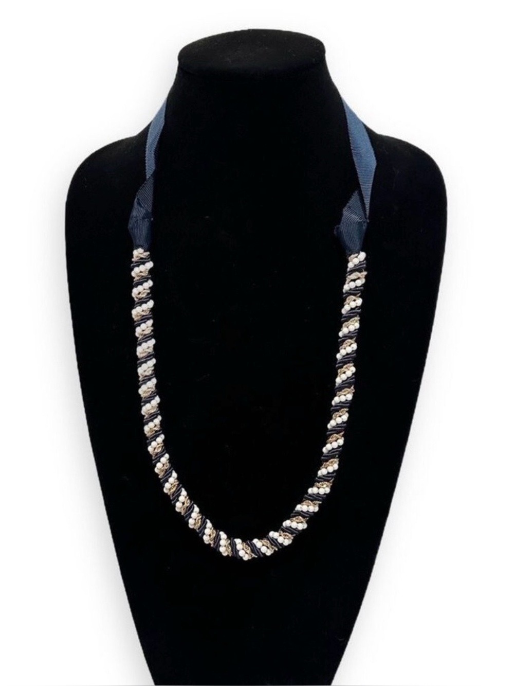 TALBOTS Navy Gold Braided Ribbon Necklace NWOT